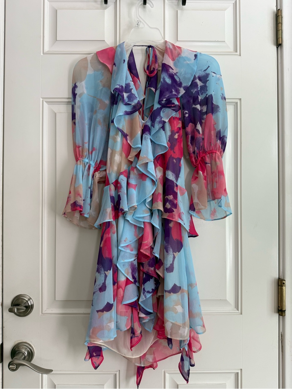 Misa Los Angeles Ruffled Chiffon Watercolor Print Tunic - Blue Pink Purple